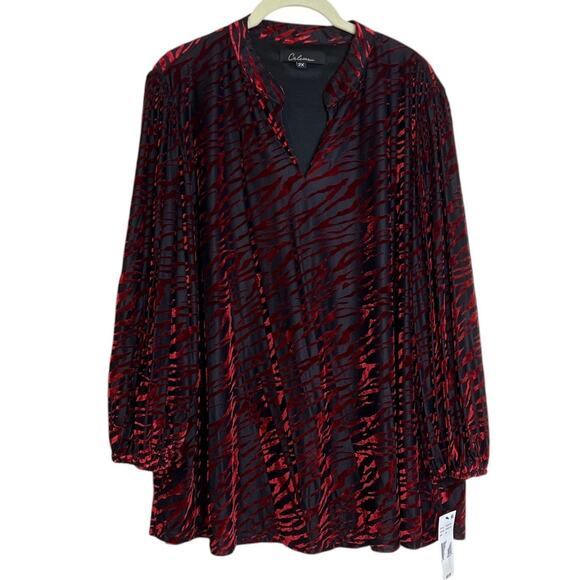 Calessa Tunic Top 2X Red Black Burnout Velvet Zebra Animal Print Holiday Party - Picture 1 of 8